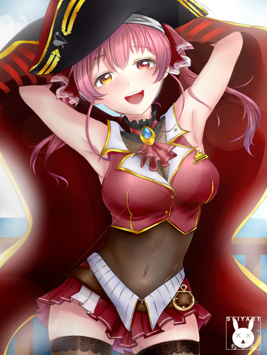 1girl :d armpits arms_up artist_name backlighting black_legwear blush breasts cloud commentary covered_navel english_commentary eyebrows_visible_through_hair hat heterochromia highres hololive houshou_marine long_hair looking_at_viewer medium_breasts open_mouth pirate_hat pleated_skirt railing red_eyes red_hair red_skirt seiya skirt sky smile solo thighhighs twintails virtual_youtuber water yellow_eyes