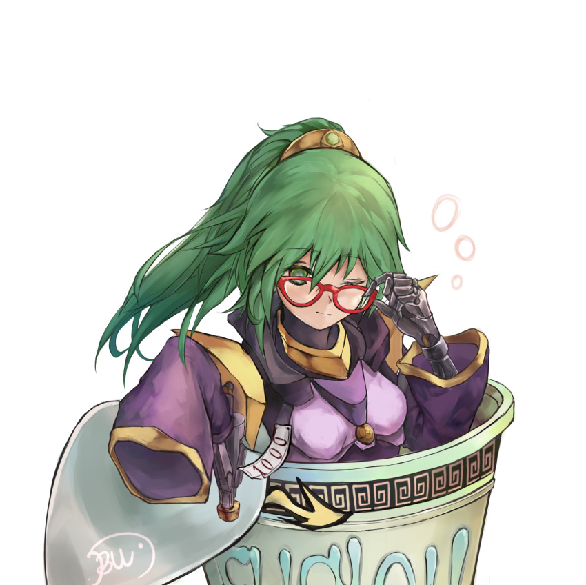 1girl adjusting_eyewear bangs breasts cup cup_ramen duel_monster el_shaddoll_winda eyebrows_visible_through_hair gishihi glasses green_eyes green_hair hair_tie highres in_container in_cup instant_fusion joints long_hair mechanical_hand one_eye_closed ponytail price_tag signature sleeves_past_wrists solo upper_body white_background wide_sleeves winda_priestess_of_gusto yu-gi-oh!