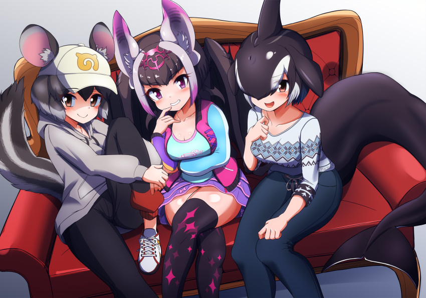 3girls animal_ears arm_rest arm_under_breasts bangs baseball_cap bat_ears bat_girl bat_wings black_hair blowhole breasts brown_eyes casual chinchilla_(kemono_friends) cleavage closed_mouth collarbone commentary_request common_vampire_bat_(kemono_friends) contemporary couch crossed_legs diadem dolphin_tail dorsal_fin drawstring ears_through_headwear eyebrows_visible_through_hair eyebrows_visible_through_hat eyes_visible_through_hair feet_out_of_frame grey_hair grin hair_over_one_eye hand_to_own_mouth hand_up hat head_fins head_wings highres hood hood_down hoodie japari_symbol kemono_friends kemono_friends_3 knee_up leg_hug long_sleeves looking_at_viewer medium_hair microskirt morimasakazu multicolored_hair multiple_girls on_couch open_mouth orca_(kemono_friends) pants parted_bangs purple_eyes purple_hair shirt shoes sitting skirt smile tail thighhighs two-tone_hair vest wings zettai_ryouiki