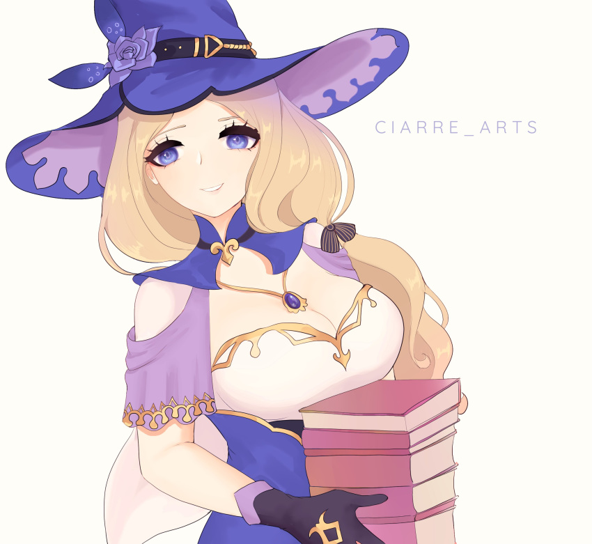 absurdres black_gloves book breasts ciarre cleavage cosplay fire_emblem fire_emblem:_three_houses gloves hat highres holding holding_book jewelry large_breasts lisa_(genshin_impact) lisa_(genshin_impact)_(cosplay) mercedes_von_martritz pendant purple_headwear smile twitter_username upper_body witch_hat