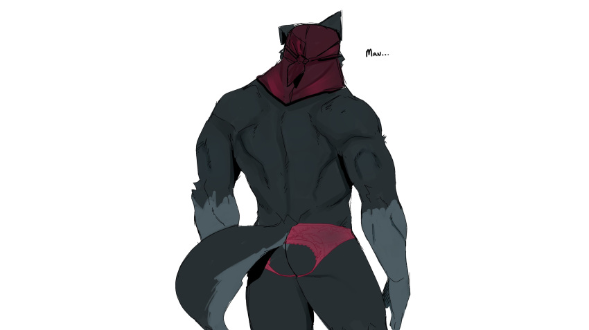 absurd_res anthro athletic athletic_anthro athletic_male butt canid canine canis clothing durag goon_(goonie_san) goonie-san hi_res male mammal panties rear_view solo text underwear wolf