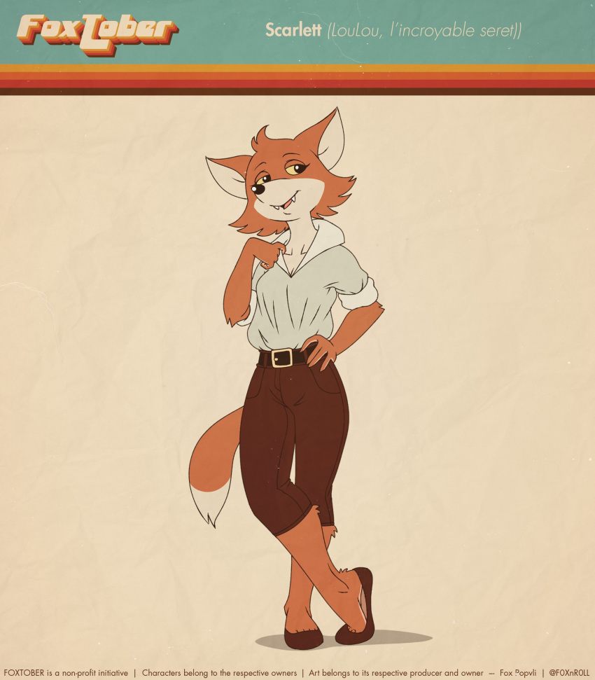 2020 absurd_res anthro belt bottomwear breasts canid canine cleavage clothed clothing countershade_face countershade_torso countershading english_text female fox fox-pop fur hi_res looking_at_viewer loulou_l'incroyable_secret mammal multicolored_body multicolored_fur open_mouth pants red_body red_fur scarlett_(lis) shirt smile solo teeth text topwear two_tone_body two_tone_fur white_body white_fur wolfy_the_incredible_secret