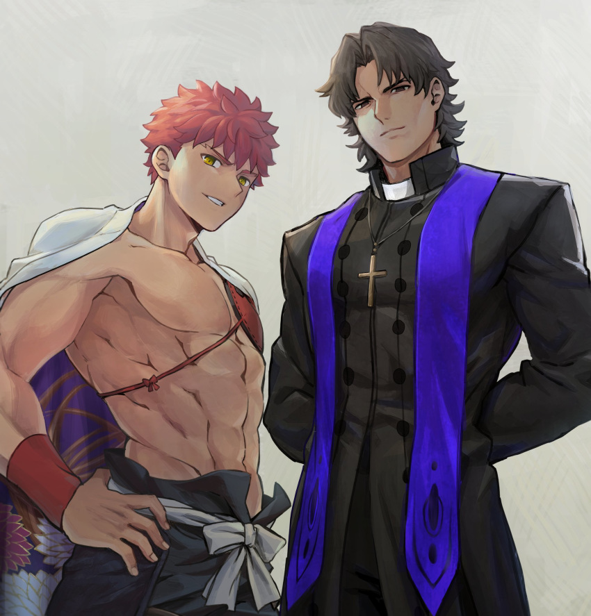 2boys arms_behind_back black_pants brown_eyes brown_hair cape cross cross_necklace emiya_shirou fate/grand_order fate/stay_night fate_(series) grey_background hair_intakes highres igote jewelry kotomine_kirei limited/zero_over looking_at_viewer male_focus mitre multiple_boys necklace no_nipples orange_hair pants parted_lips sengo_muramasa_(fate) simple_background standing translated tuto_(mokuchin09) yellow_eyes