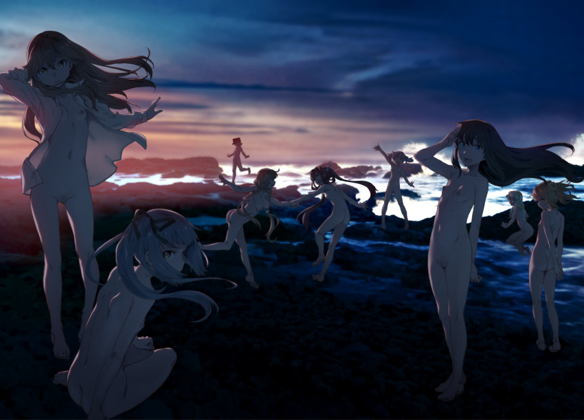 6+girls arare_(kancolle) arashio_(kancolle) asagumo_(kancolle) asashio_(kancolle) barefoot black_hair blue_eyes braid breasts brown_eyes brown_hair cloud collared_shirt commentary_request completely_nude eyebrows_visible_through_hair flat_chest grey_hair hair_between_eyes kantai_collection kasumi_(kancolle) large_breasts light_brown_hair long_hair michishio_(kancolle) minegumo_(kancolle) multiple_girls naked_shirt nature nipples nude ocean ooshio_(kancolle) open_clothes open_shirt rock scenery shirt shore short_hair side_ponytail silver_hair sky small_breasts sunset takemura_sessyu twilight twin_braids twintails visor_cap water waves yamagumo_(kancolle) yellow_eyes