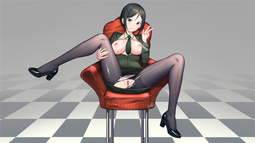 1girl black_hair black_legwear blush breasts breasts_outside chair chouno_ami closed_mouth full_body girls_und_panzer green_eyes green_neckwear green_skirt high_heels highres konishi_(565112307) large_breasts looking_at_viewer military military_uniform miniskirt necktie nipples no_bra no_panties on_chair open_clothes pantyhose pussy see-through shiny shiny_hair short_hair sitting skirt smile solo spread_legs torn_clothes torn_legwear uniform v