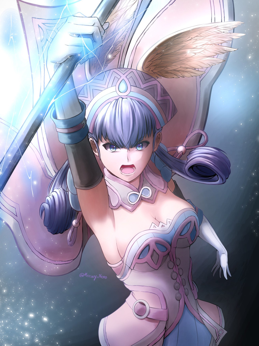 1girl breasts cape cowboy_shot dress from_above gloves hat head_wings highres holding holding_staff large_breasts magic melia_antiqua mercury_xeno open_mouth short_dress silver_eyes silver_hair solo staff white_gloves xenoblade_chronicles xenoblade_chronicles_(series)