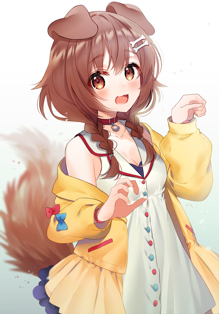 1girl :d absurdres animal_ears blush bone_hair_ornament braid breasts brown_hair choker cleavage commentary cowboy_shot dog_ears dog_tail dress eyebrows_visible_through_hair fang gradient gradient_background grey_background hair_between_eyes hair_ornament highres hololive inugami_korone jacket kawachi_rin looking_at_viewer medium_breasts medium_hair off_shoulder open_clothes open_jacket open_mouth paw_pose red_choker red_eyes side_braids simple_background skin_fang smile solo tail twin_braids virtual_youtuber white_background white_dress yellow_jacket