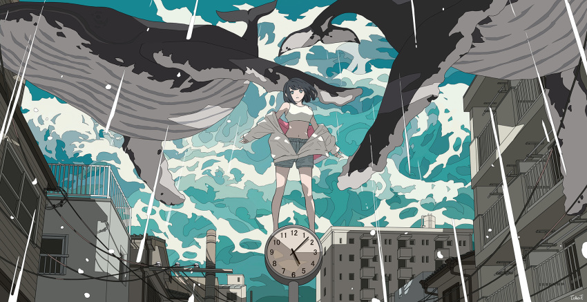 1girl black_hair clock commentary_request denim denim_shorts floating flying_whale highres hood hoodie navel ocean open_clothes open_hoodie original outdoors power_lines rain rooftop scenery seraphitalg shorts solo_focus surreal tank_top whale