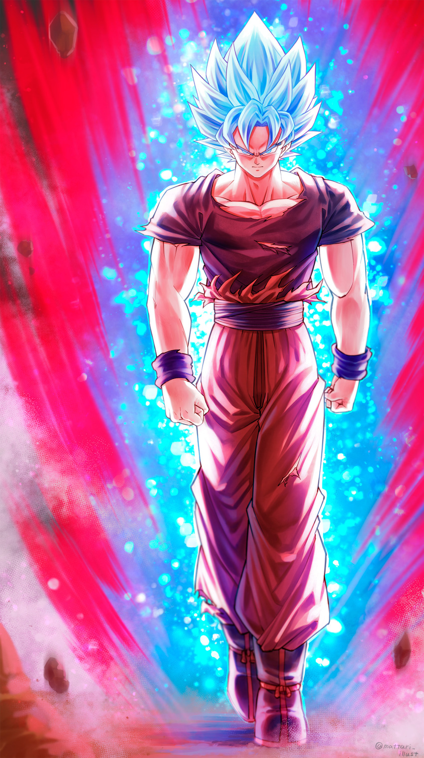 1boy absurdres aura blue_eyes blue_hair boots closed_mouth dougi dragon_ball dragon_ball_super full_body highres kaiouken looking_at_viewer male_focus mattari_illust pants sash serious son_gokuu spiked_hair super_saiyan super_saiyan_blue torn_clothes walking