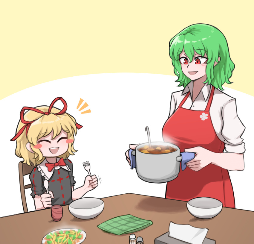 apron black_dress bow bowl bowtie closed_eyes dining_room dress food fork green_hair highres kazami_yuuka mata_(matasoup) medicine_melancholy pot red_eyes spoon stew tissue_box touhou