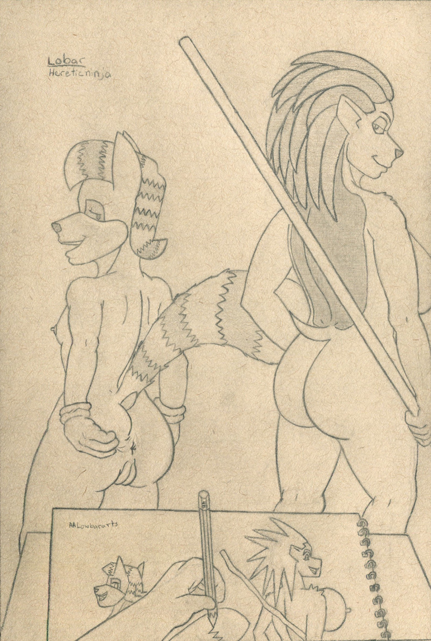 anthro anus back_groove bad_drawing_skills breasts butt clothing drawing english_text faceless_character female first_person_view genitals group hair handwear hi_res holding_object ka_sarra khat lemur line_art lobar looking_back mammal nipples nude porcupine presenting presenting_anus presenting_pussy primate pussy quills rodent side_boob simple_background small_breasts smile spreading strepsirrhine striped_hair striped_tail stripes text traditional_media_(artwork)