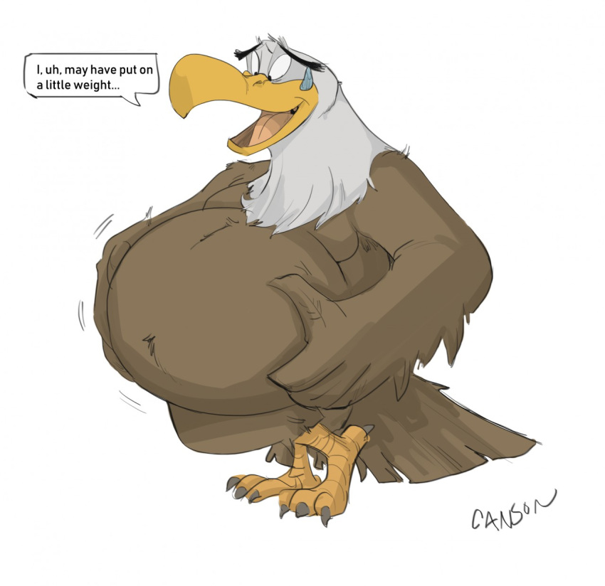 accipitrid accipitriform anthro avian belly bird bodily_fluids brown_body brown_feathers canson dialogue eagle feathers hands_on_belly hi_res male overweight overweight_anthro overweight_male solo surprised_expression sweat