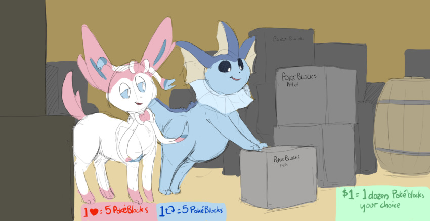 ambiguous_gender barrel belly box container duo eeveelution feral nintendo number pok&eacute;mon pok&eacute;mon_(species) quadruped saphiros slightly_chubby sylveon text vaporeon video_games