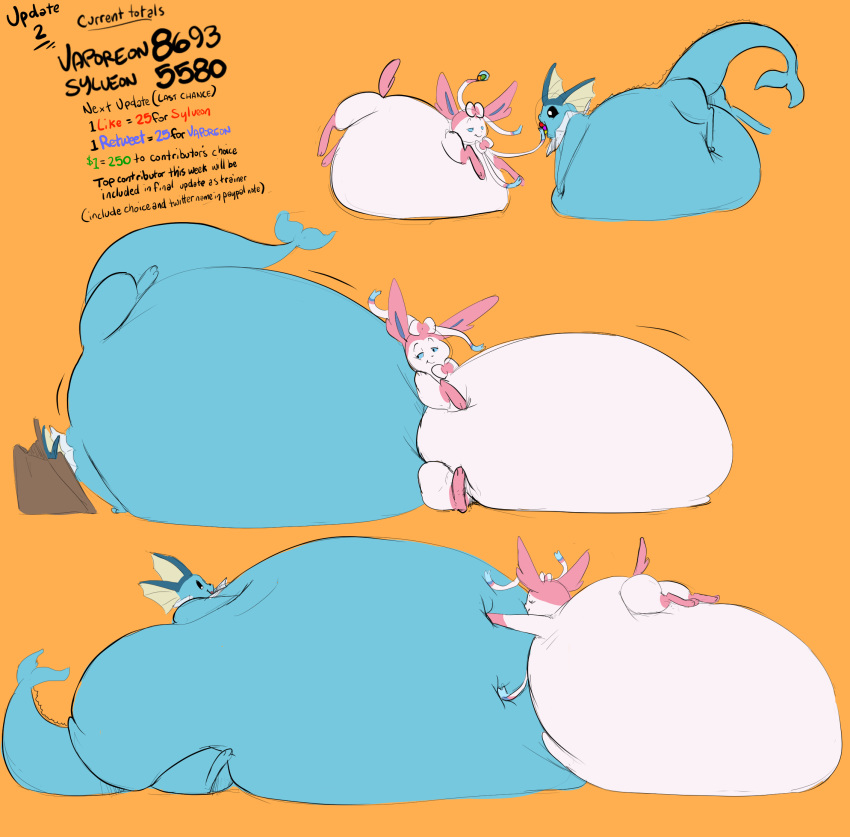 ambiguous_gender belly big_belly box container duo eeveelution english_text feral hi_res hyper hyper_belly immobile morbidly_obese morbidly_obese_ambiguous morbidly_obese_feral nintendo number obese obese_ambiguous obese_feral overweight overweight_ambiguous overweight_feral pok&eacute;mon pok&eacute;mon_(species) saphiros stuffing sylveon text vaporeon video_games weight_gain