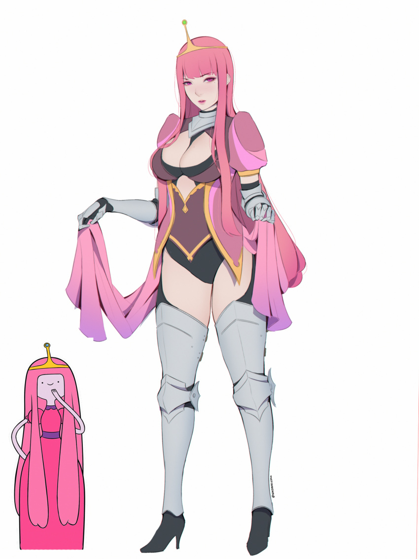 1girl absurdly_long_hair absurdres adventure_time armor bangs belt blunt_bangs breasts cleavage eyebrows_visible_through_hair eyeshadow full_body greaves grey_skin high_heels highres liya_nikorov long_hair makeup mole mole_on_breast mole_under_eye photoshop_(medium) pink_eyes pink_hair pink_lips princess_bonnibel_bubblegum simple_background solo tiara vambraces very_long_hair white_background