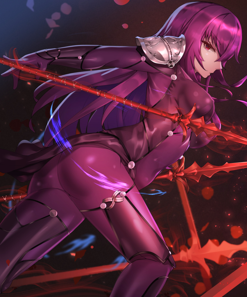 1girl absurdres armor ass bangs bodysuit breasts clyde_s covered_nipples dual_wielding fate/grand_order fate_(series) feet_out_of_frame from_side gae_bolg highres holding holding_lance holding_polearm holding_weapon huge_filesize lance large_breasts long_hair pauldrons polearm purple_bodysuit purple_hair red_eyes scathach_(fate)_(all) scathach_(fate/grand_order) shoulder_armor sidelocks solo weapon