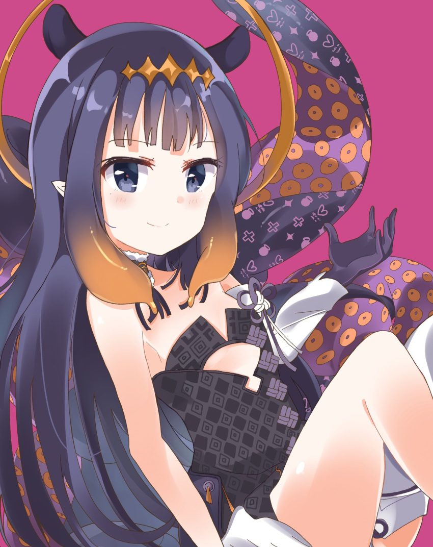 1girl bangs black_dress black_gloves blue_eyes blunt_bangs breasts dress feet_out_of_frame gloves halo hidejiu highres hololive hololive_english long_hair looking_at_viewer ninomae_ina'nis pink_background pointy_ears purple_hair simple_background small_breasts smile solo tentacle_hair tentacles virtual_youtuber