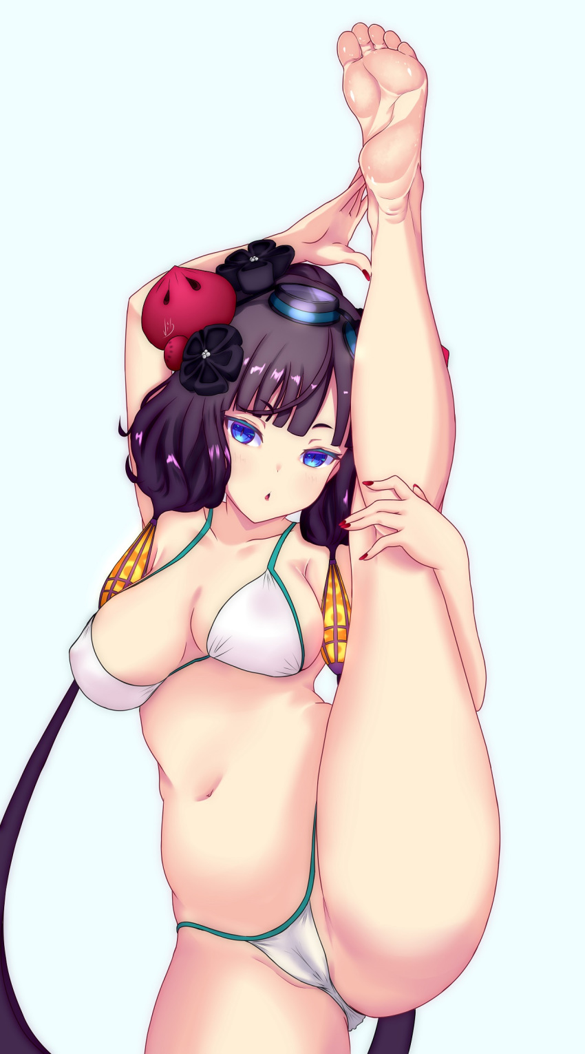 1girl barefoot bikini black_hair blue_eyes breasts fate/grand_order fate_(series) feet feet_up hair_bun highres katsushika_hokusai_(fate/grand_order) katsushika_hokusai_(swimsuit_saber)_(fate) leg_up long_hair soles split standing standing_on_one_leg standing_split swimsuit thighs vibncent white_bikini