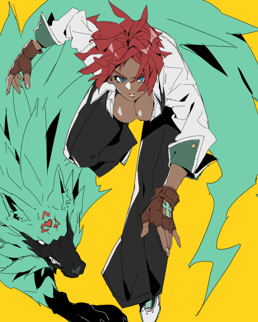 1girl bellbottoms bent_over black_pants blue_eyes breasts brown_gloves cleavage cross fingerless_gloves forehead full_body giovanna_(guilty_gear) gloves green_fur guilty_gear guilty_gear_strive highres large_breasts lips looking_at_viewer makai pants red_hair rei_(guilty_gear) running shirt short_hair sleeves_pushed_up solo_focus suspenders white_footwear white_shirt wolf yellow_background