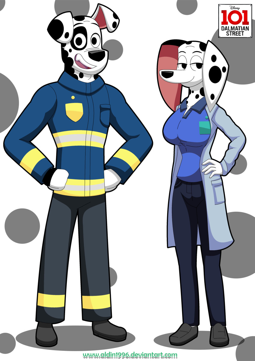 101_dalmatian_street 101_dalmatians 2020 abstract_background absurd_res anthro big_breasts black_eyes breasts canid canine canis clothed clothing delilah_(101_dalmatians) disney domestic_dog doug_(101_dalmatians) duo female firefighter_uniform fully_clothed hi_res huge_breasts looking_at_viewer male mammal nurse nurse_uniform playzone smile standing uniform