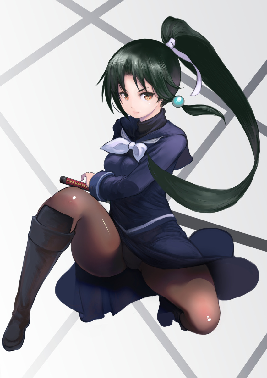 1girl arcana_heart black_footwear blue_skirt boots brown_legwear closed_mouth dark_green_hair full_body green_hair hair_intakes highres johan_(johan13) katana long_hair long_sleeves looking_at_viewer neckerchief one_knee orange_eyes panties panties_under_pantyhose pantyhose pantyshot ponytail school_uniform skirt solo sword tokinomiya_kamui turtleneck underwear v-shaped_eyebrows very_long_hair weapon white_neckwear white_panties