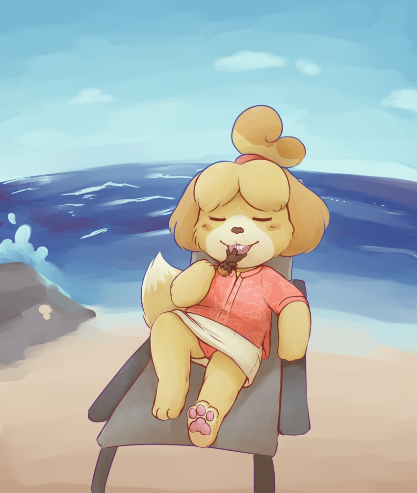 animal_crossing anthro beach beverage bodily_fluids canid canine canis clothing cum cum_in_mouth cum_inside domestic_dog female genital_fluids gravitysinning hi_res isabelle_(animal_crossing) island male male/female mammal micro nintendo pawpads relaxing sea seaside shih_tzu size_difference toy_dog video_games water