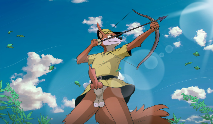 animal_genitalia animal_penis anthro balls big_tail bow_(weapon) canid canine canine_penis clothed clothing colrblnd day disney domidark erection fox genitals hi_res knot male mammal outside partially_clothed penis ranged_weapon robin_hood_(disney) sheath solo weapon