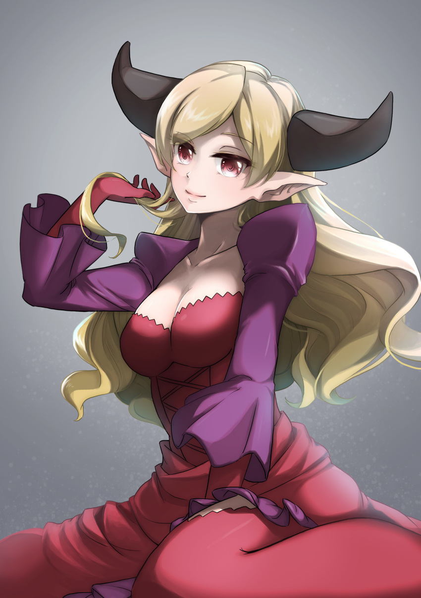 1girl black_horns blonde_hair bon_(bonbon315) breasts cleavage dress gloves grey_background highres horns lilith_(p&amp;d) long_hair long_sleeves medium_breasts pointy_ears puzzle_&amp;_dragons red_dress red_eyes red_gloves sitting solo