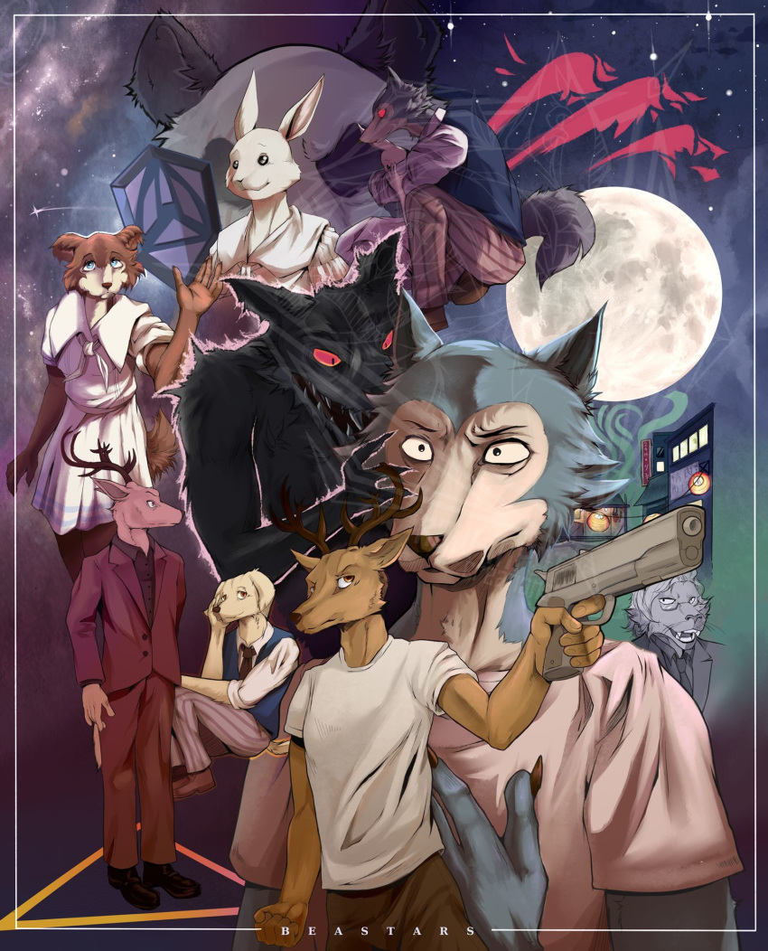 anthro antlers beastars canid canid_kaiba canine canis cervid claws clothed clothing domestic_dog felid female fur giant_panda gouhin group gun handgun haru_(beastars) hi_res horn ibuki_(beastars) jack_(beastars) juno_(beastars) lagomorph legoshi_(beastars) leporid lion louis_(beastars) male mammal moon multicolored_body multicolored_fur pantherine pistol poster rabbit ranged_weapon red_eyes shirt suit t-shirt teeth_showing topwear two_tone_body two_tone_fur ursid weapon wolf