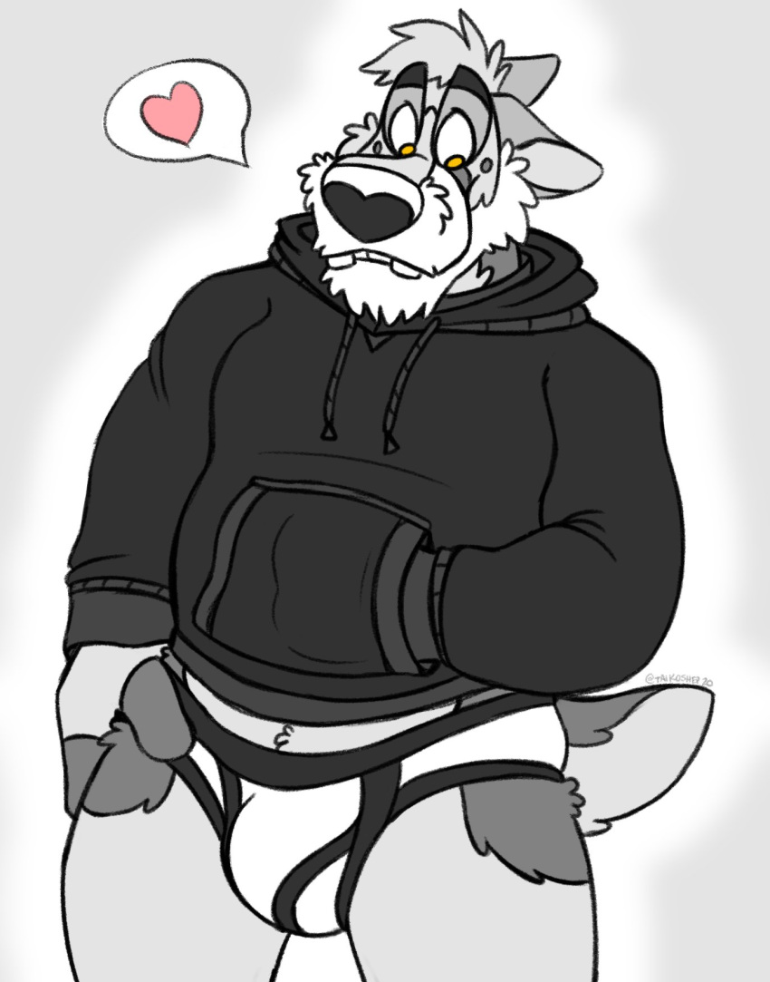 anthro black_clothing black_hoodie black_topwear briefs bulge canid canine canis clothing domestic_dog drawyourfursona english_text hi_res hoodie hoodie/briefs_meme male mammal meme meme_clothing simple_background solo standing taikoshep text topwear underwear white_clothing white_underwear