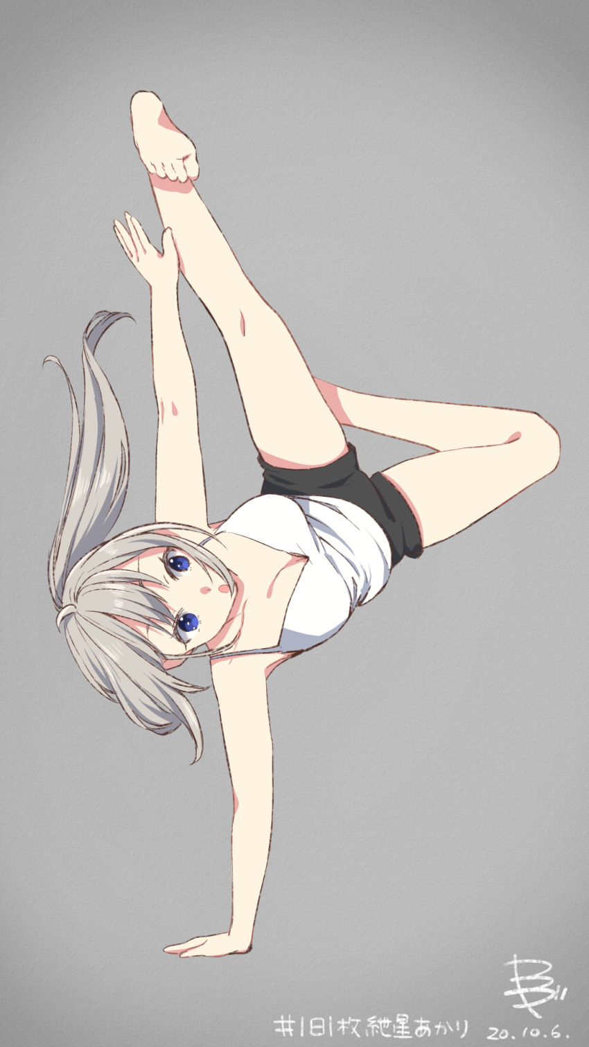 1girl black_shorts blue_eyes commentary dated full_body grey_background grey_hair gymnastics handstand hashtag highres kizuna_akari long_hair open_mouth outstretched_leg ponytail shirt shorts signature skskjogio2444 solo spaghetti_strap voiceroid white_shirt