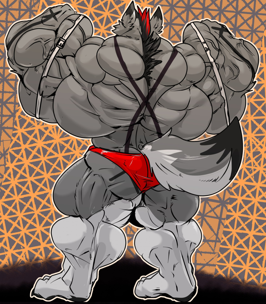 2019 abstract_background anthro back_groove bare_back big_muscles canid canine clothing fierglief flexing fur hi_res huge_muscles hyper hyper_muscles male mammal multicolored_body multicolored_fur muscular muscular_anthro muscular_male mutlicolored_hair plantigrade rear_view solo standing swaggy underwear veiny_muscles