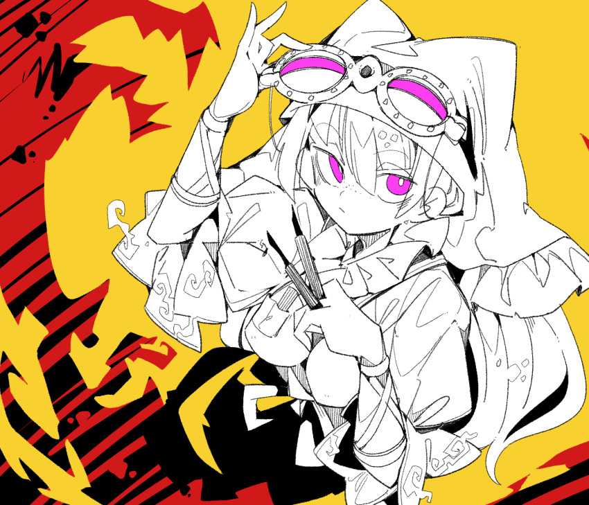 1girl aura breasts bright_pupils doguu goggles goggles_on_head hands_up haniyasushin_keiki head_scarf highres holding limited_palette long_hair looking_at_viewer ma_sakasama medium_breasts puffy_short_sleeves puffy_sleeves purple_eyes short_sleeves solo spot_color tools touhou upper_body white_pupils yellow_background