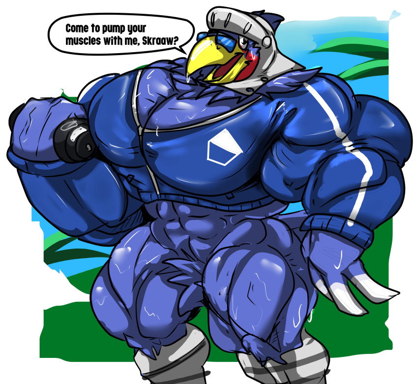 2020 absurd_res accipitrid accipitriform animal_crossing anthro armor avian beak big_muscles bird bodily_fluids clothing dialogue dumbbell eagle english_text eyewear fierglief glasses headgear helmet hi_res huge_muscles huge_pecs hyper hyper_muscles lifting looking_at_viewer male muscular muscular_anthro muscular_male nintendo open_mouth pubes solo speech_bubble sterling_(animal_crossing) sweat sweater text topwear video_games weights