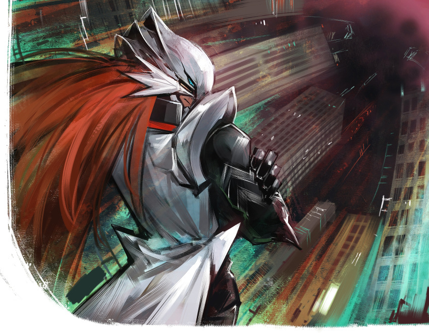 1boy black_gloves blue_eyes border brown_hair city coat crossed_arms disutihada duel_monster fading_border from_behind gloves highres kaibaman long_hair long_sleeves male_focus mask night outdoors solo white_coat white_mask yu-gi-oh!