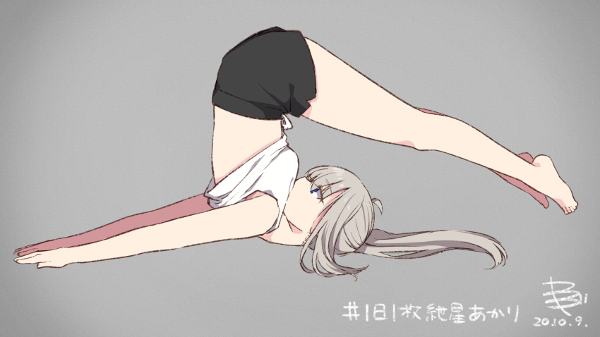 1girl black_shorts commentary dated from_side full_body grey_background grey_hair gymnastics highres kizuna_akari long_hair ponytail shorts signature skskjogio2444 solo tank_top upside-down voiceroid white_tank_top