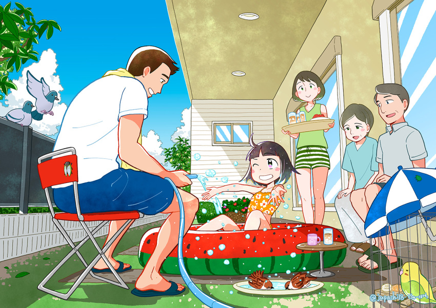 2boys 3girls bangs bird birdcage blue_shirt blue_shorts blue_sky blunt_bangs blush brown_hair building cage chair child cloud cloudy_sky cup drink fence floral_print flower green_shirt green_shorts grey_shirt grey_skirt hose house in_cage jupachi18 knees_up leaf multiple_boys multiple_girls one_eye_closed original outdoors pink_eyes profile red_flower sandals shadow shirt short_hair shorts skirt sky smile striped striped_shorts swimsuit table tray tree twitter_username umbrella wading_pool white_shirt window
