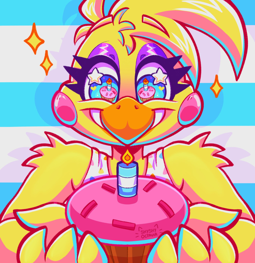 2020 4_fingers avian beak bib bird blue_eyes candle chicken cupcake eyebrows eyelashes eyeshadow feathers female fingers fire five_nights_at_freddy's five_nights_at_freddy's_2 food galliform gallus_(genus) hi_res holding_object looking_down makeup phasianid pink_cheeks shyshyoctavia smile solo star star_eyes toy_chica_(fnaf) tuft video_games yellow_body yellow_feathers