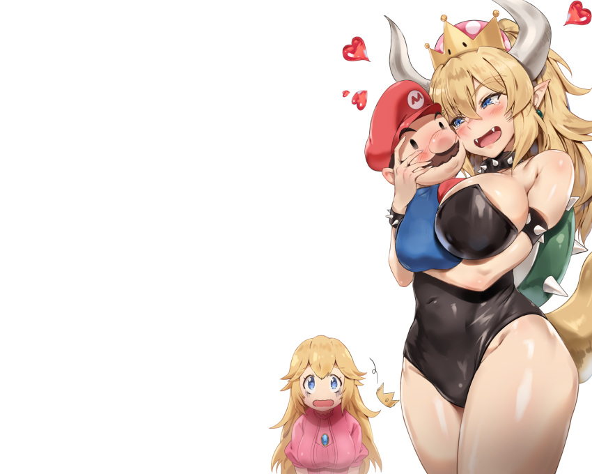 blonde_hair blue_eyes bowsette breasts cleavage crown fang horns long_hair mario princess_peach rainmaker super_mario_bros tail tears white