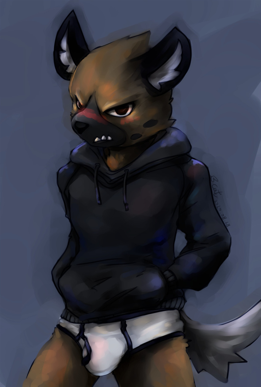 absurd_res aggressive_retsuko angry anthro black_clothing black_hoodie black_topwear blush briefs bulge clothing drawyourfursona haida hi_res hoodie hoodie/briefs_meme hyaenid l_blackcat male mammal meme meme_clothing sanrio solo standing topwear underwear white_clothing white_underwear