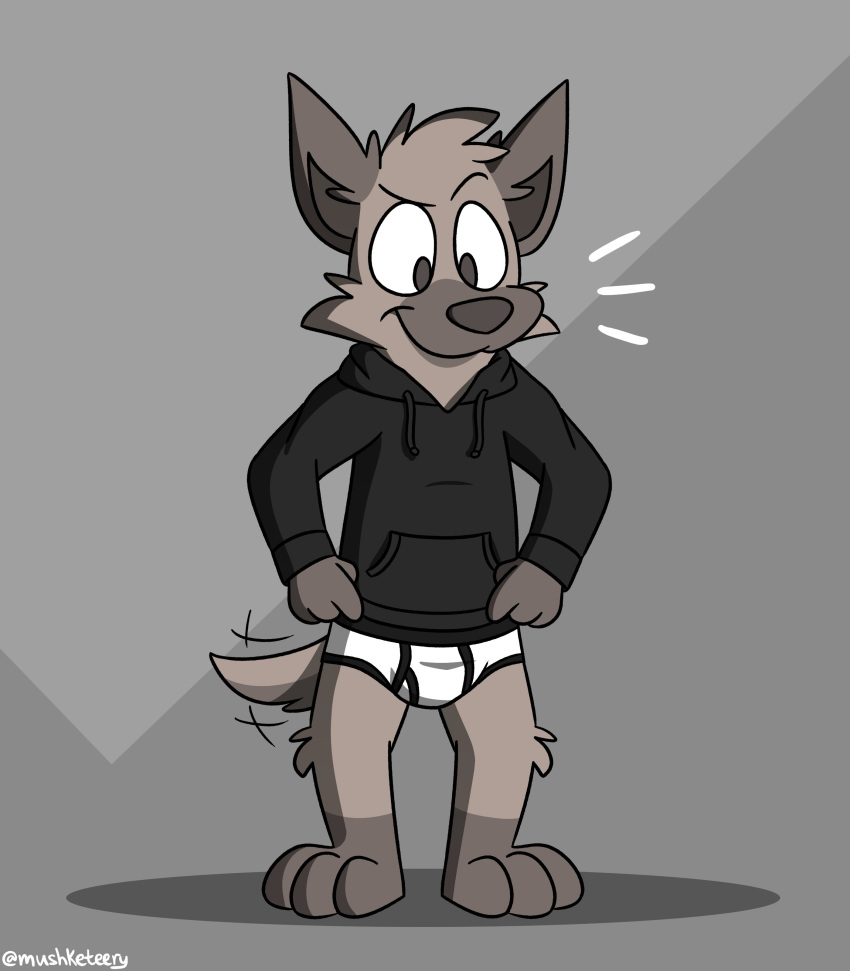 absurd_res anthro black_clothing black_hoodie black_topwear briefs clothing drawyourfursona hi_res hoodie hoodie/briefs_meme hyaenid male mammal meme meme_clothing mushketeery simple_background solo standing topwear underwear white_clothing white_underwear