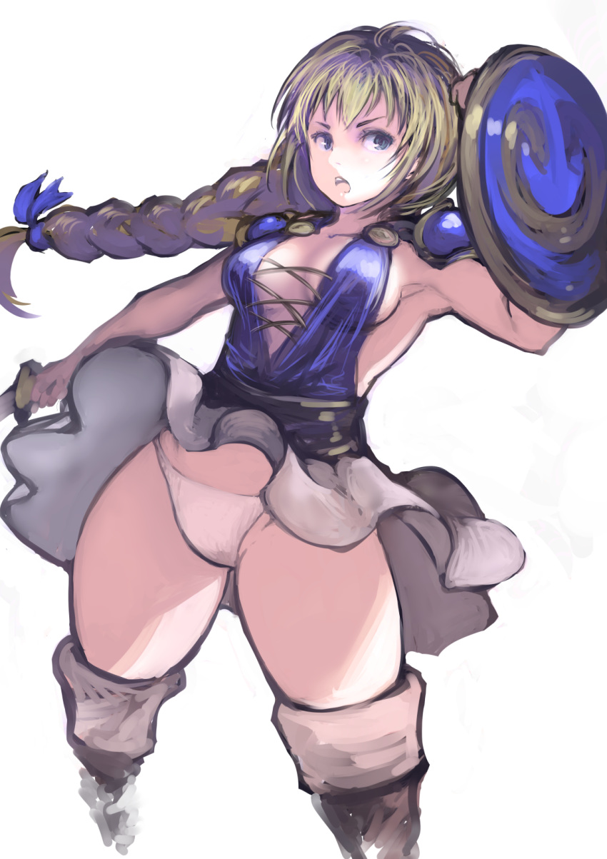 1girl armor blonde_hair blue_eyes braid breasts buckler cross-laced_clothes dress highres holding holding_sword holding_weapon johan_(johan13) long_hair medium_breasts panties shield short_dress shoulder_armor simple_background single_braid solo sophitia_alexandra soulcalibur spaulders sword thick_thighs thighs underwear v-shaped_eyebrows weapon white_background white_panties