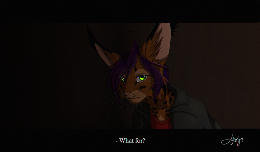 2014 ambiguous_gender anthro brown_body brown_fur digital_media_(artwork) english_text felid feline fur green_eyes hair lynjox lynx lynxyjones mammal purple_hair solo text