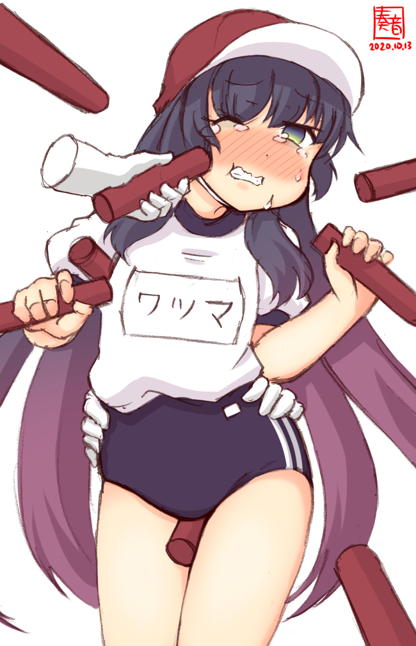 1girl alternate_costume artist_logo baton black_buruma black_hair blush buruma commentary_request cowboy_shot dated disembodied_limb eyebrows_visible_through_hair gradient_hair green_eyes gym_shirt gym_uniform highres kanon_(kurogane_knights) kantai_collection long_hair matsuwa_(kantai_collection) multicolored_hair name_tag one_eye_closed pink_hair poking sexually_suggestive shirt short_sleeves simple_background t-shirt tears white_background white_shirt