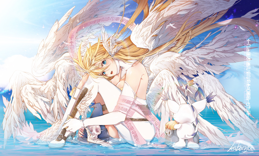 1girl absurdres angel_wings angewomon ass asymmetrical_clothes bangs bare_shoulders belt blonde_hair blue_eyes blue_sky blush breasts cat cleavage cloud commentary diffraction_spikes digimoji digimon digimon_adventure elbow_gloves feathered_wings feathers from_behind full_body gloves hair_between_eyes hat head_tilt head_wings headwear_removed helmet helmet_removed highres holy_ring huge_filesize kabocya knees_up large_breasts light_particles long_hair looking_at_viewer multiple_wings parted_lips paw_gloves paws ribbon sidelocks signature single_elbow_glove single_knee_boot sitting sitting_on_liquid sky solo_focus standing standing_on_liquid tailmon thigh_strap water whiskers white_footwear white_gloves wings wizard_hat wrist_wings zipper