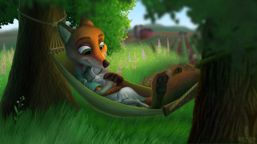 16:9 2020 anthro canid canine clothed clothing cuddling day detailed_background disney duo eyes_closed fox fully_clothed fur grass grey_body grey_fur hammock hi_res judy_hopps lagomorph leporid mammal nick_wilde orange_body orange_fur outside pawpads rabbit red_fox sleeping smile tree ukon_vasara widescreen zootopia