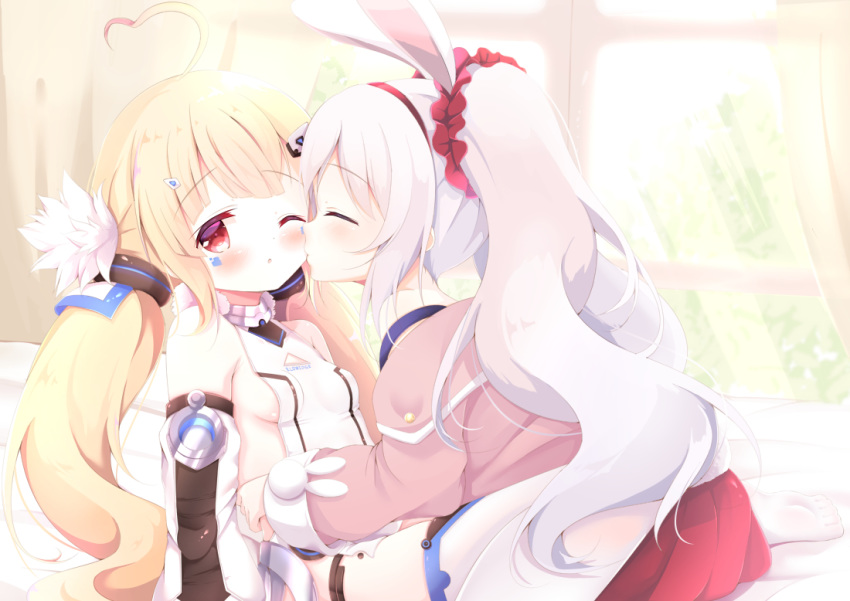 2girls ;o ahoge animal_ears azur_lane bangs bare_shoulders bed_sheet blonde_hair blush breasts bunny_ears cheek_kiss closed_eyes closed_mouth commentary commission curtains detached_sleeves dress eldridge_(azur_lane) english_commentary eyebrows_visible_through_hair facial_mark hair_ornament hairband heart_ahoge indoors jacket kiss kittipat_jituatakul laffey_(azur_lane) long_hair long_sleeves multiple_girls off_shoulder one_eye_closed open_clothes open_jacket pantyhose parted_lips pink_jacket pleated_skirt profile puffy_long_sleeves puffy_sleeves red_hairband red_skirt silver_hair skirt sleeveless sleeveless_dress sleeves_past_wrists small_breasts soles strap_slip thighhighs twintails very_long_hair white_dress white_legwear white_sleeves window yuri