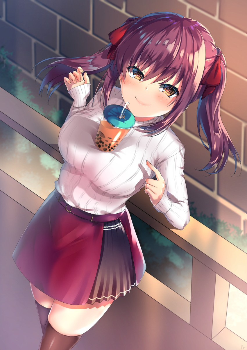 1girl absurdres amasawa_ichika bangs belt blush breasts brick_wall bubble_tea_challenge closed_mouth commentary_request cup drinking_straw dutch_angle eyebrows_visible_through_hair feet_out_of_frame fingernails hair_ribbon highres index_finger_raised large_breasts long_hair long_sleeves purple_hair railing red_skirt ribbon sidelocks skindentation skirt sleeves_past_wrists smile solo standing sweater thighhighs thighs twintails utsunomiya_ryo v-shaped_eyebrows white_sweater yellow_eyes youkoso_jitsuryoku_shijou_shugi_no_kyoushitsu_e zettai_ryouiki