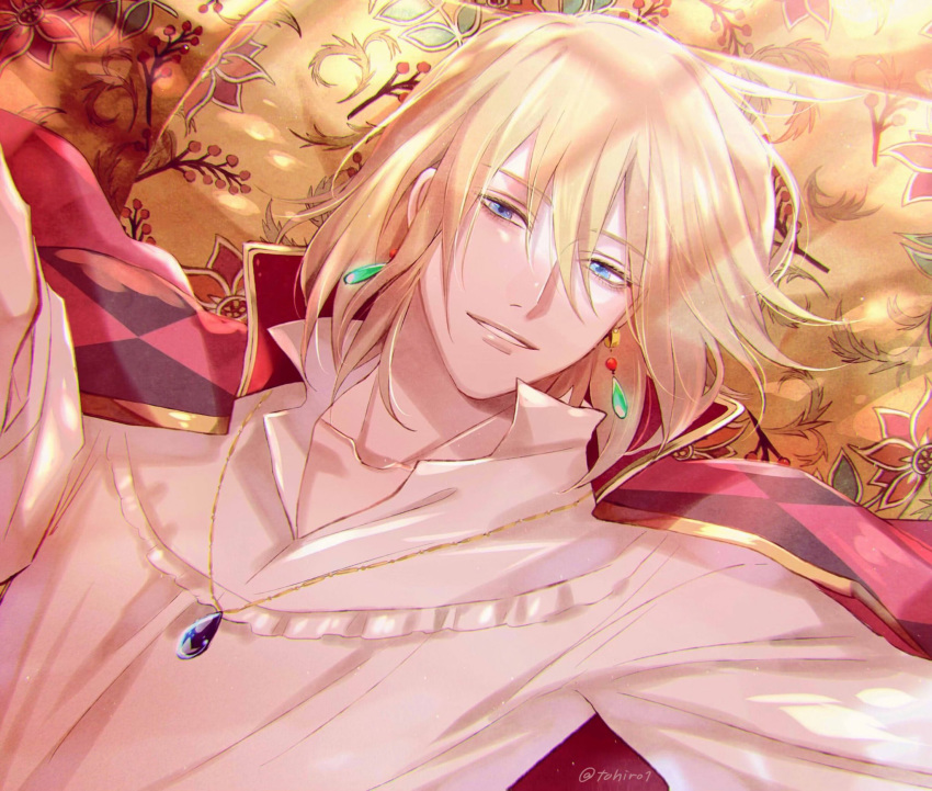 1boy artist_name blonde_hair blue_eyes cape earrings hair_between_eyes highres howl_(howl_no_ugoku_shiro) howl_no_ugoku_shiro jewelry long_sleeves lying male_focus necklace on_back pillow red_cape shijima_tohiro shirt smile solo upper_body white_shirt