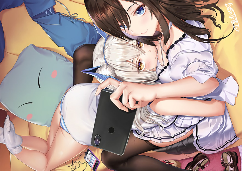 2girls animal_ears aqua_eyes ass couch hug long_hair original panties socks striped_panties thighhighs third-party_edit underwear waifu2x yuli_you_gua